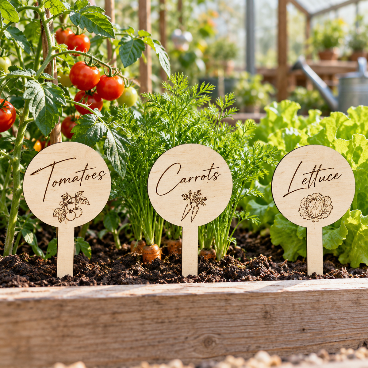 Personalised wooden vegetable labels for Tomatoes, Carrots and Lettuce in a raised garden bed