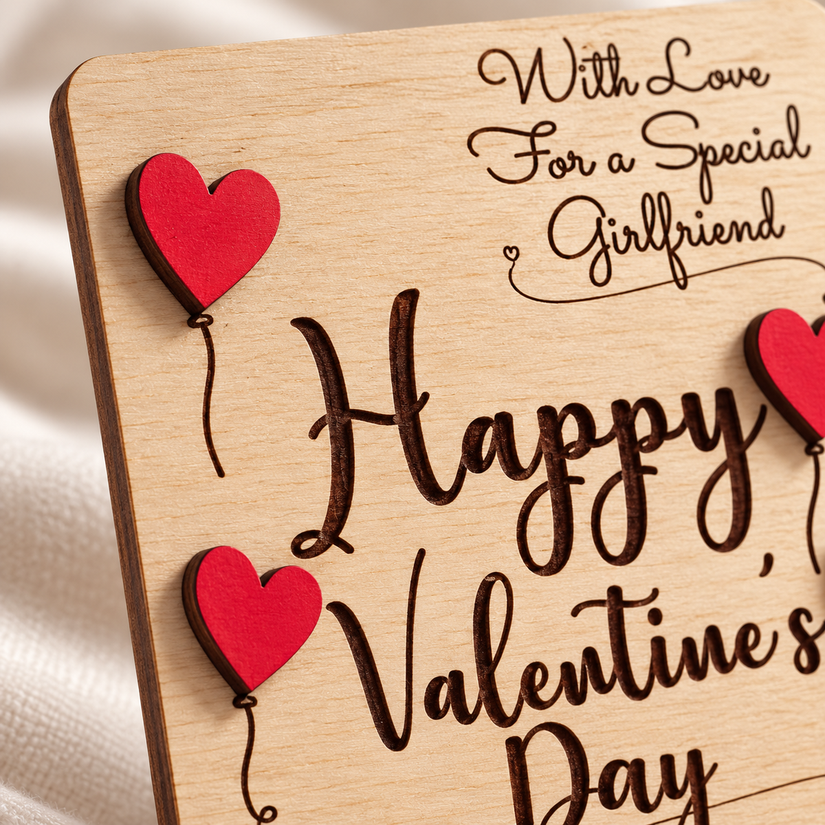 Close-up of raised red wooden hearts, dark engraved lettering and natural birch grain