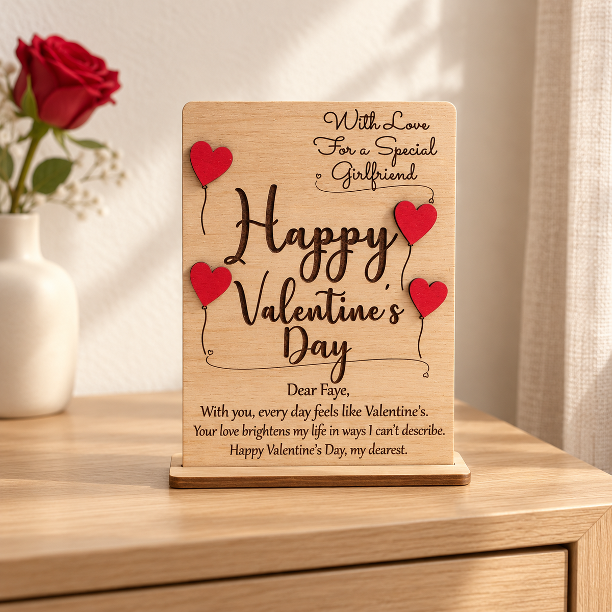 Personalised wooden Valentine's card displayed on a wooden bedside table beside a red rose
