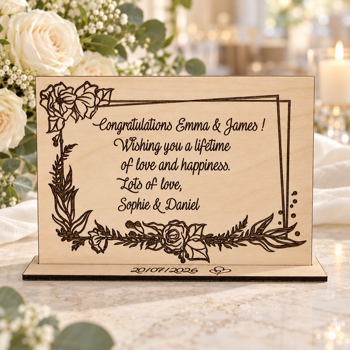 Personalised wooden wedding card with dark engraved floral design and wedding wishes on a free standing wooden base