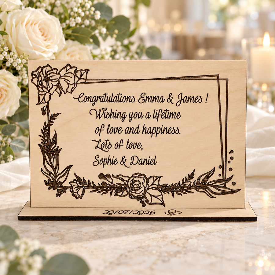 Personalised wooden wedding card with dark engraved floral design and wedding wishes on a free standing wooden base