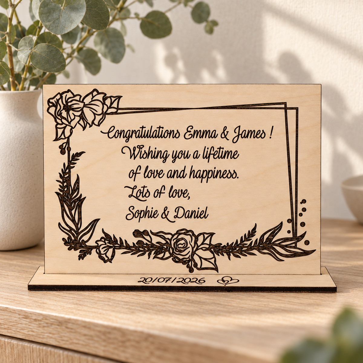 Personalised wooden wedding keepsake card displayed on an oak console with its included stand