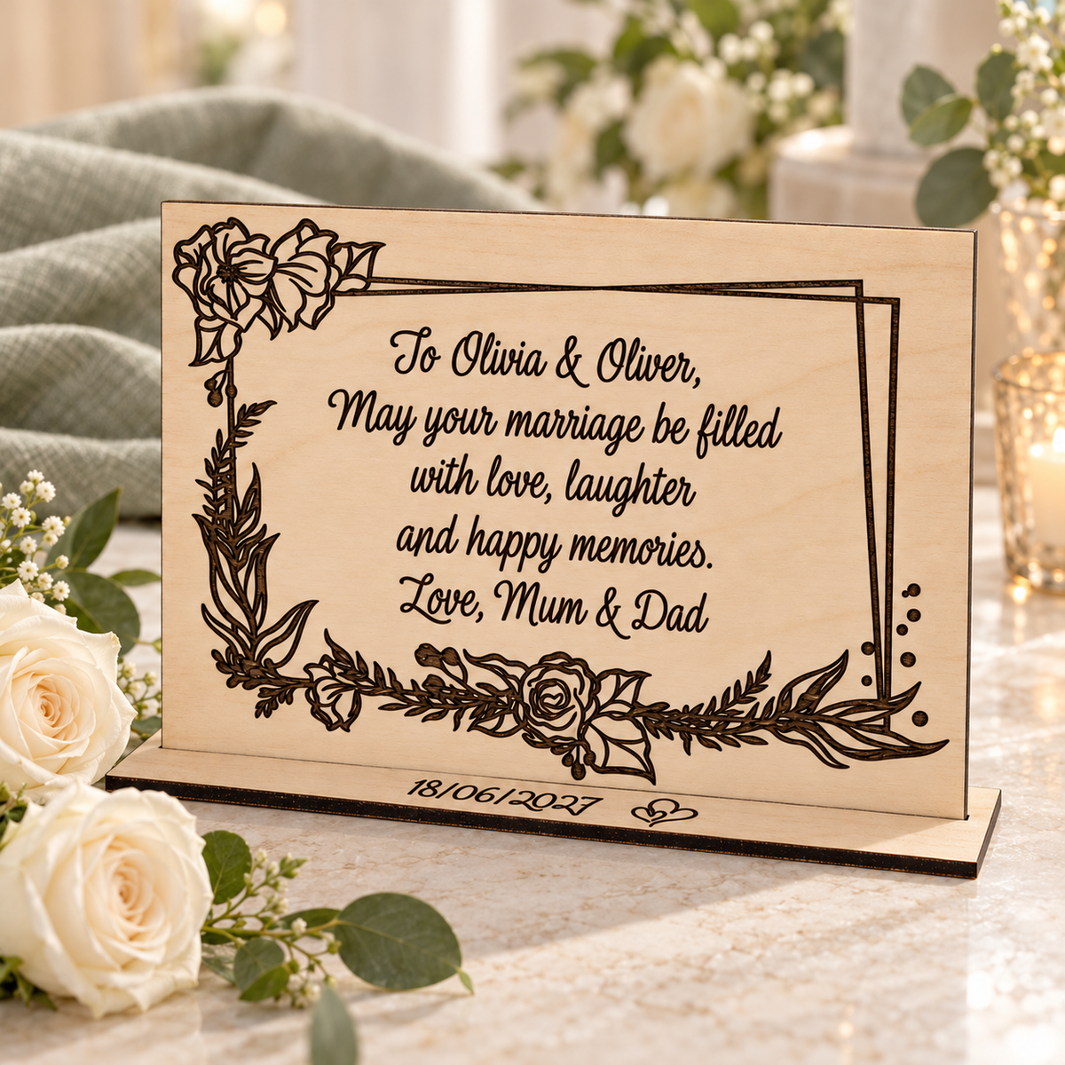 Wooden wedding congratulations card with a custom message from Mum and Dad and a personalised date on the stand