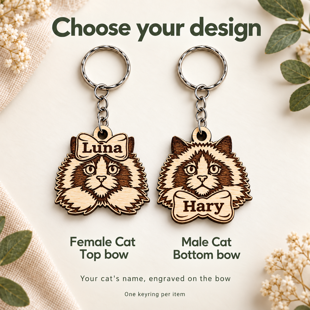 Ragdoll cat keyring design choices: Female Cat with a top bow and Male Cat with a bottom bow, each engraved with a name