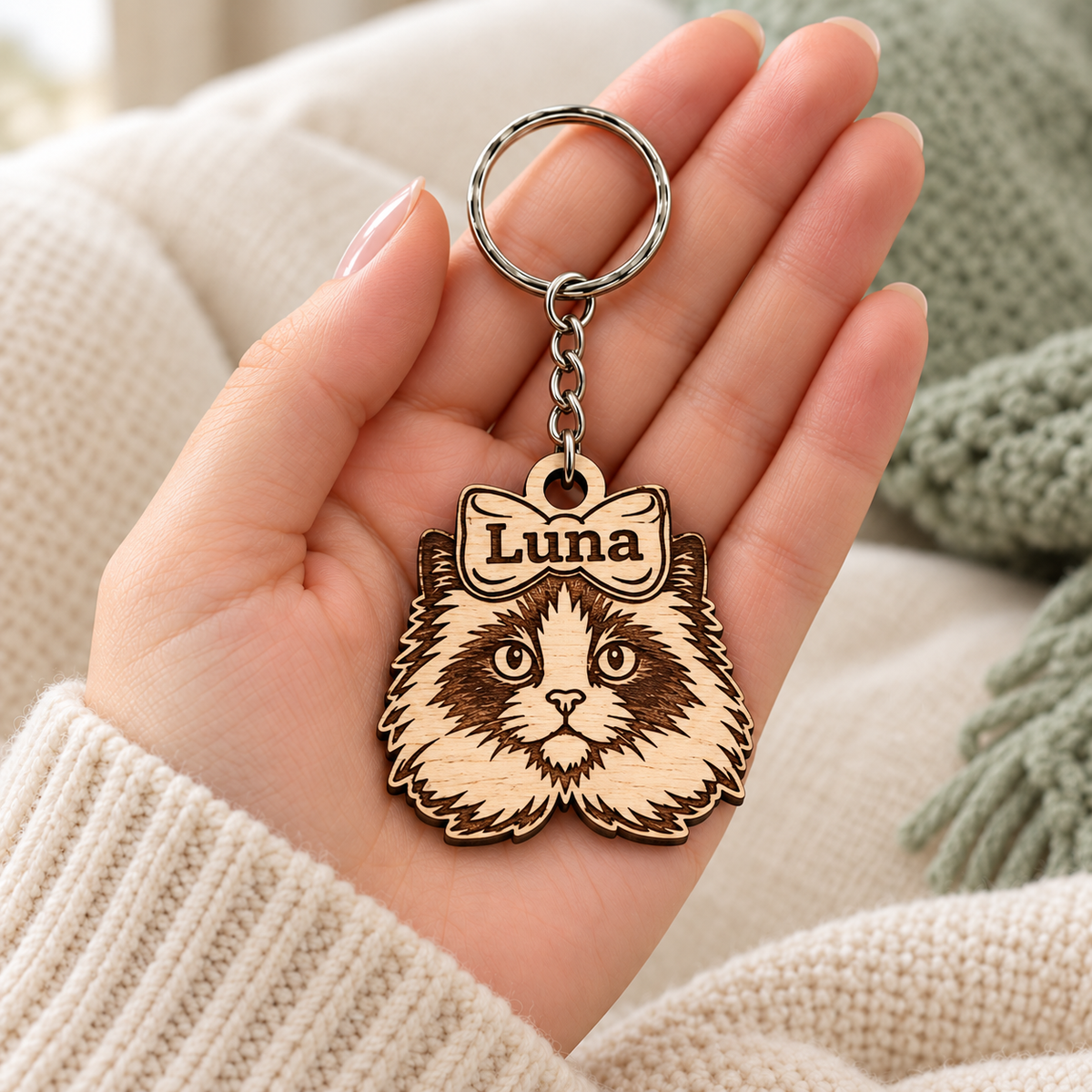 Luna personalised Ragdoll wooden keyring with a top bow, resting on an open hand