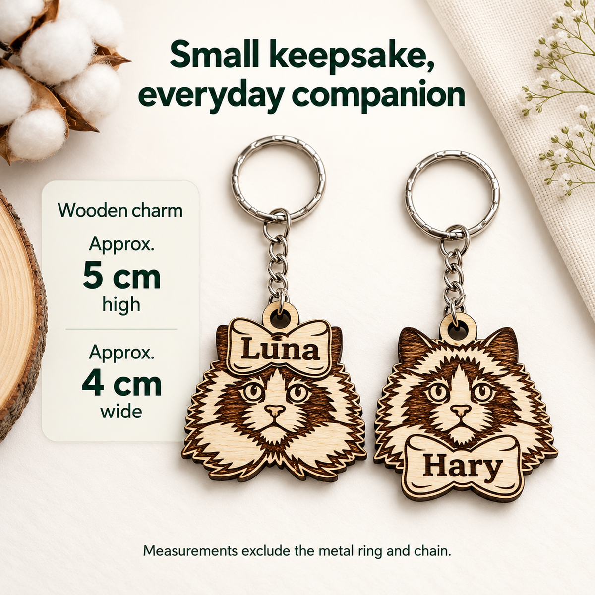 Ragdoll wooden keyring size guide: approximately 5 cm high and 4 cm wide for the wooden charm, excluding the metal ring and chain