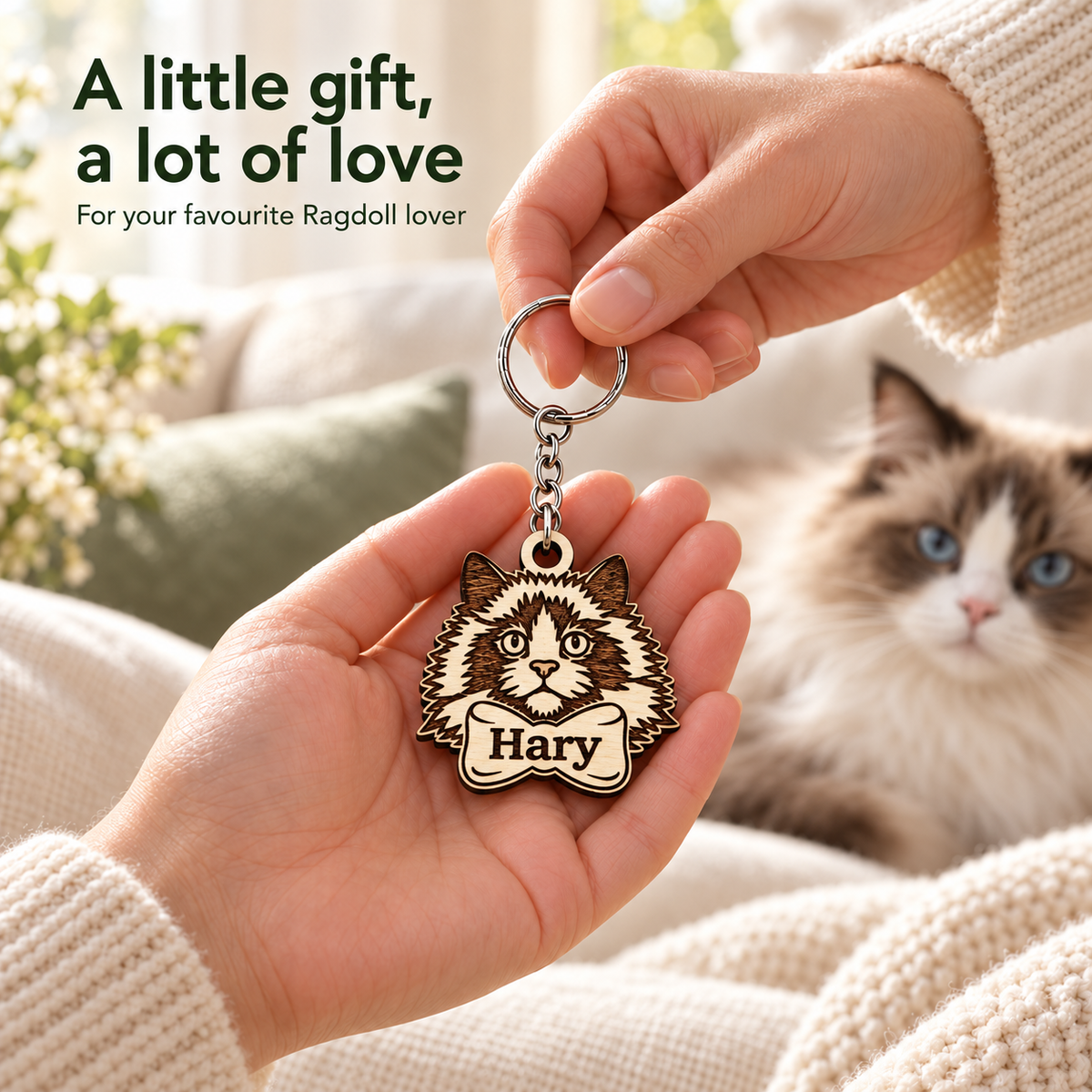 Personalised Ragdoll cat keyring being given as a gift, with a blue-eyed Ragdoll cat in the background