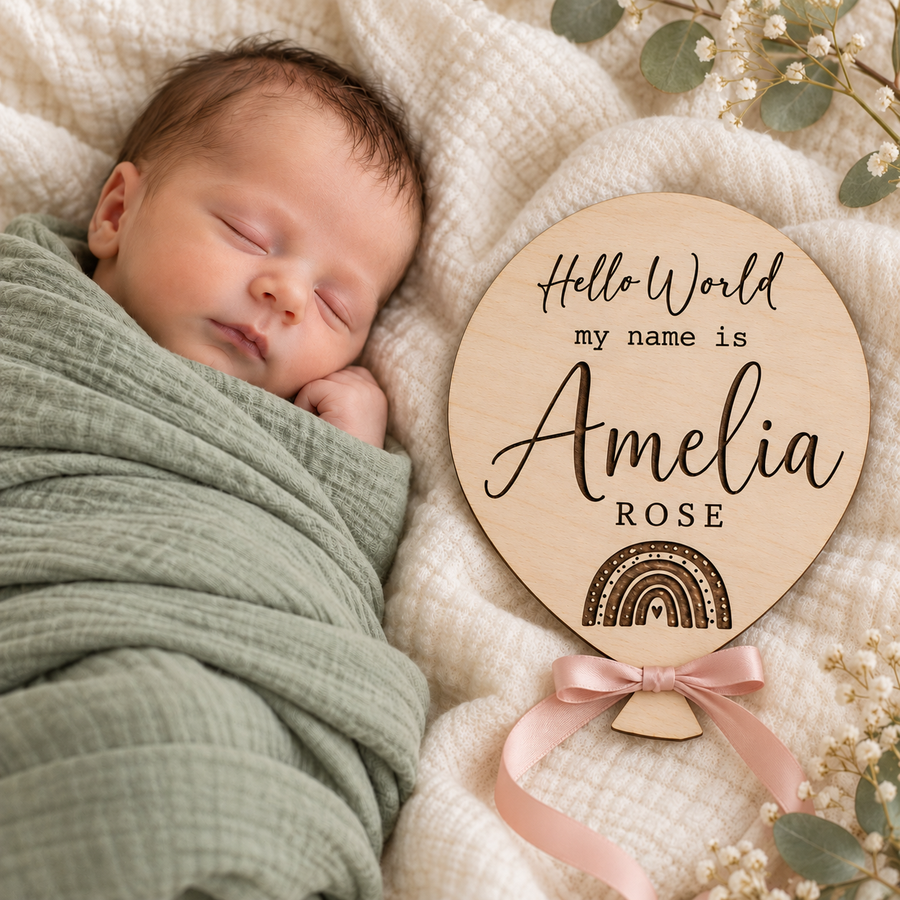 Rainbow baby name plaque engraved Amelia Rose with pink ribbon beside a newborn in a sage swaddle