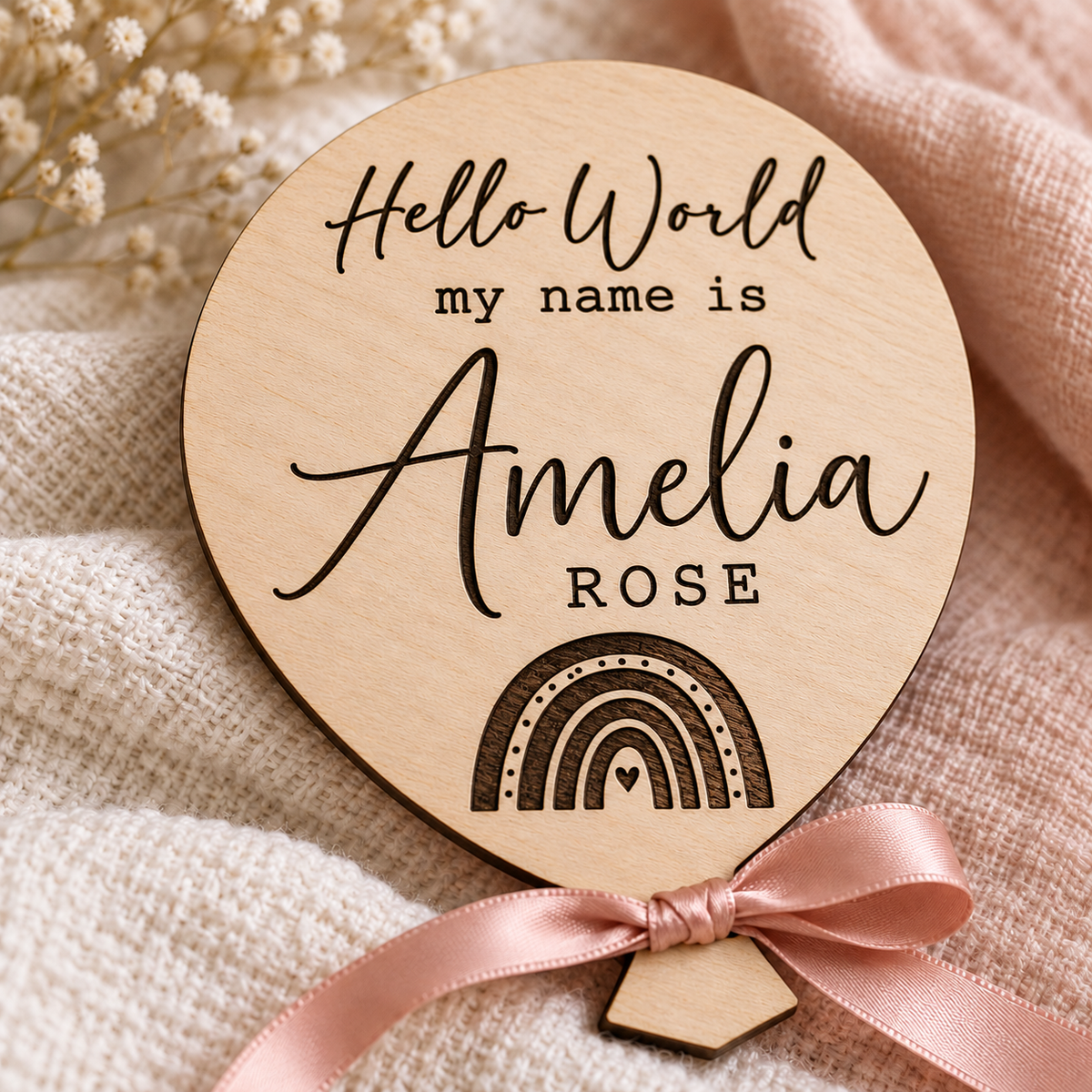 Close-up of dark engraved Amelia Rose lettering and rainbow on natural birch plywood