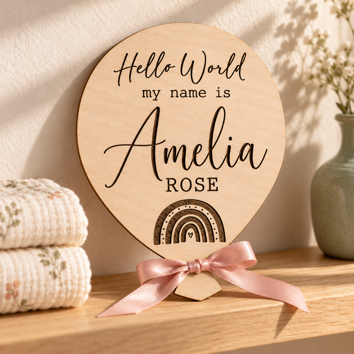 Personalised rainbow baby keepsake plaque with pink bow displayed on a nursery shelf