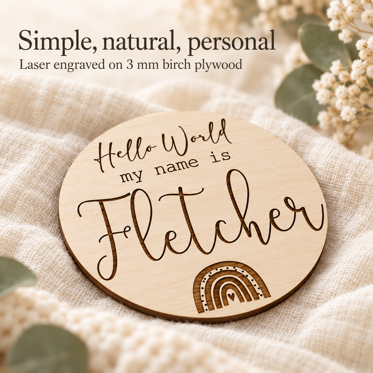 Thin birch plywood baby plaque with laser engraved name and rainbow