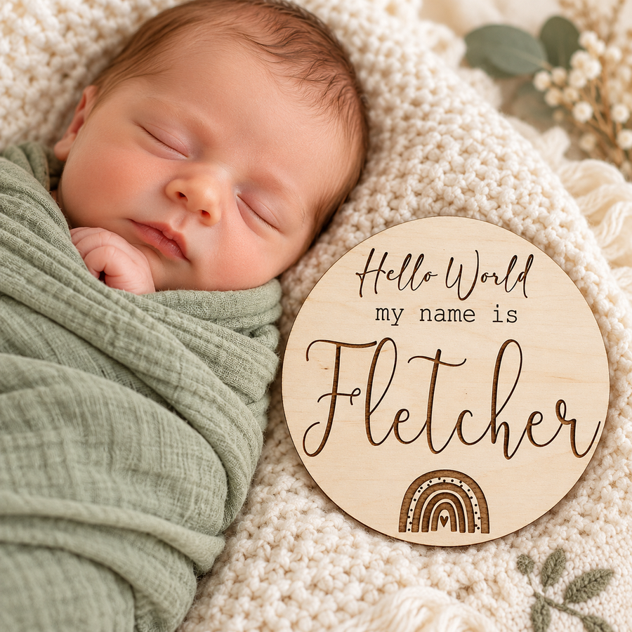 Round rainbow baby name plaque engraved with Fletcher beside a newborn on a cream blanket