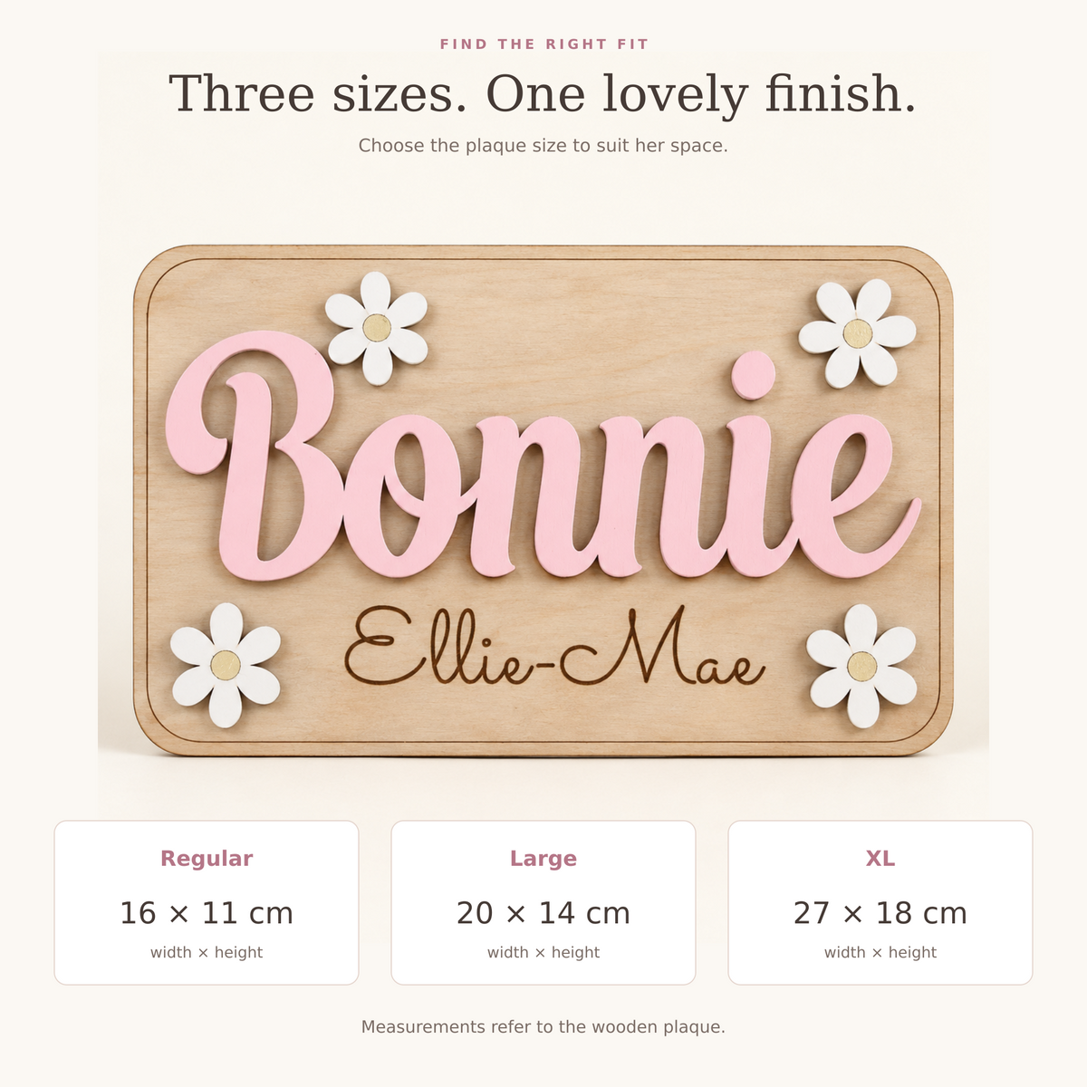 Daisy plaque size guide: Regular 16 by 11 cm, Large 20 by 14 cm and XL 27 by 18 cm