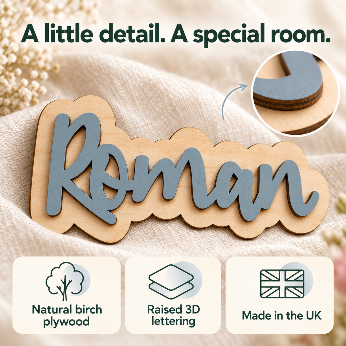 Grey Roman name-only wooden plaque showing natural birch plywood, raised 3D lettering and UK manufacture