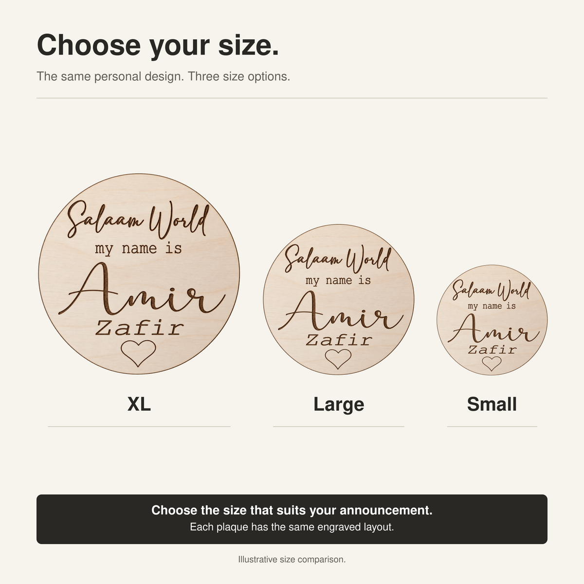 Illustrative size comparison of XL, Large and Small wooden baby name plaques