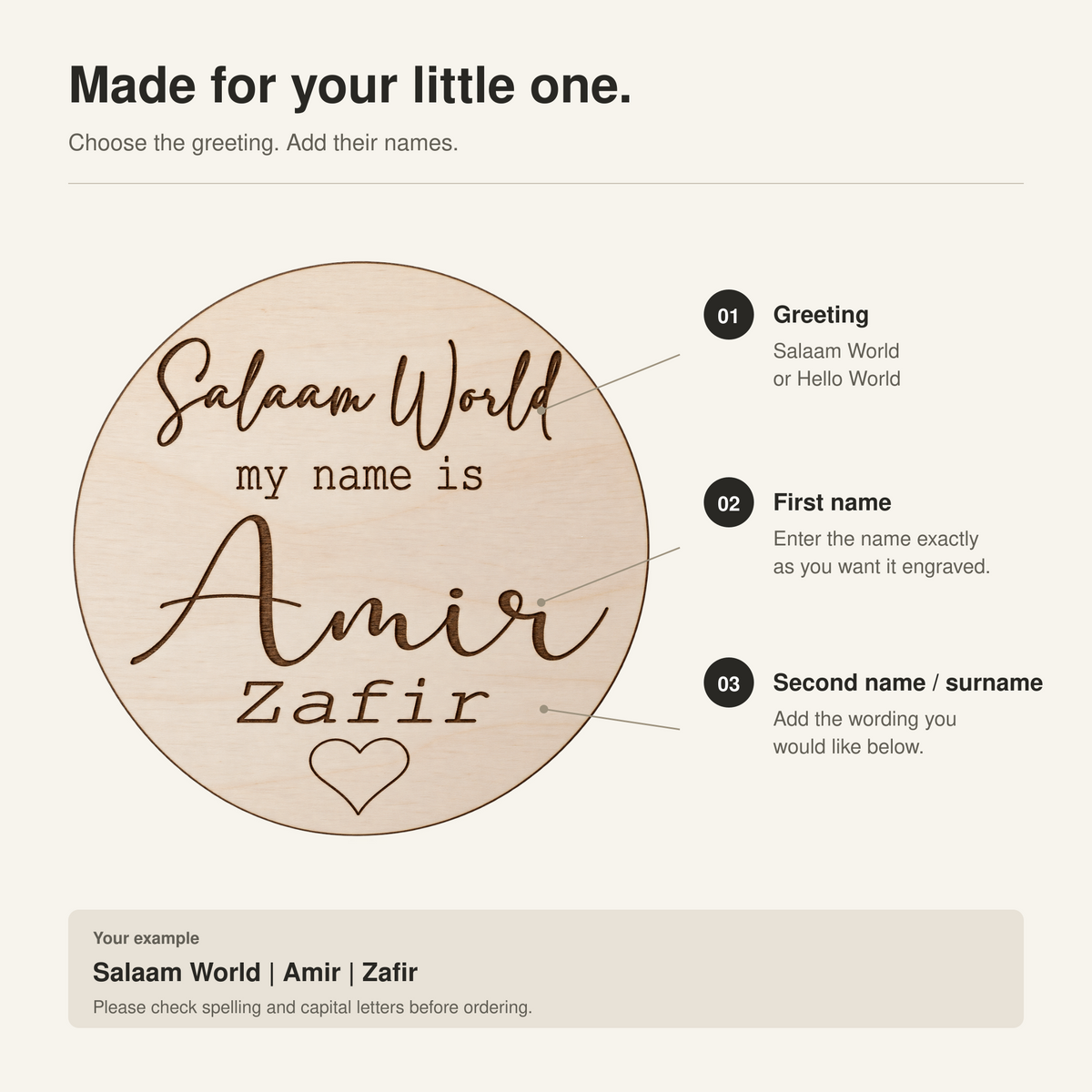 Personalisation guide showing the greeting, main name in large script and optional additional names or surname engraved below