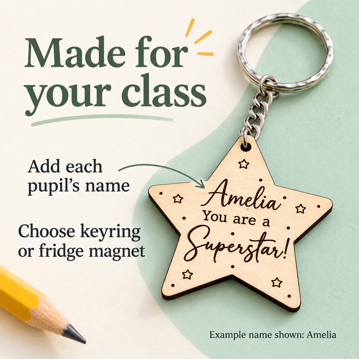 Personalisation guide showing Amelia's engraved name and the choice of keyring or fridge magnet.