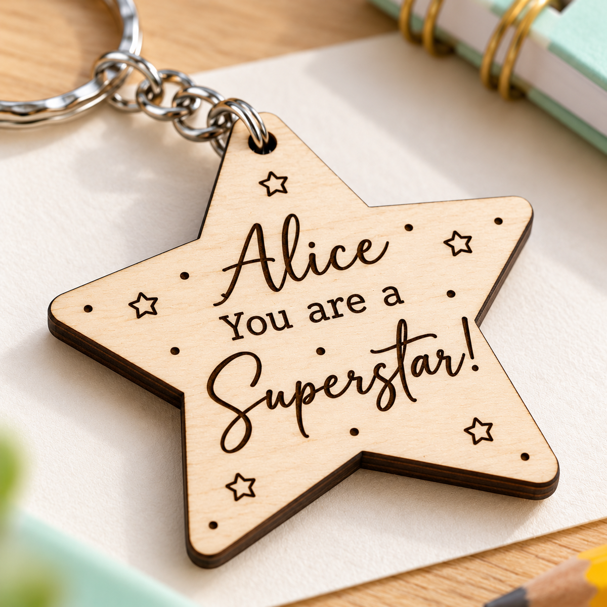 Close-up of dark engraved lettering and natural birch plywood grain on Alice's Superstar keyring.