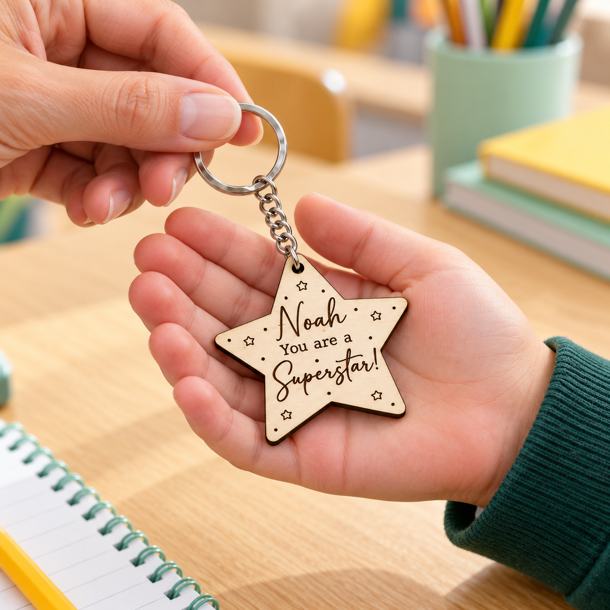 Personalised Noah Superstar keyring being handed to a pupil as a small class keepsake.