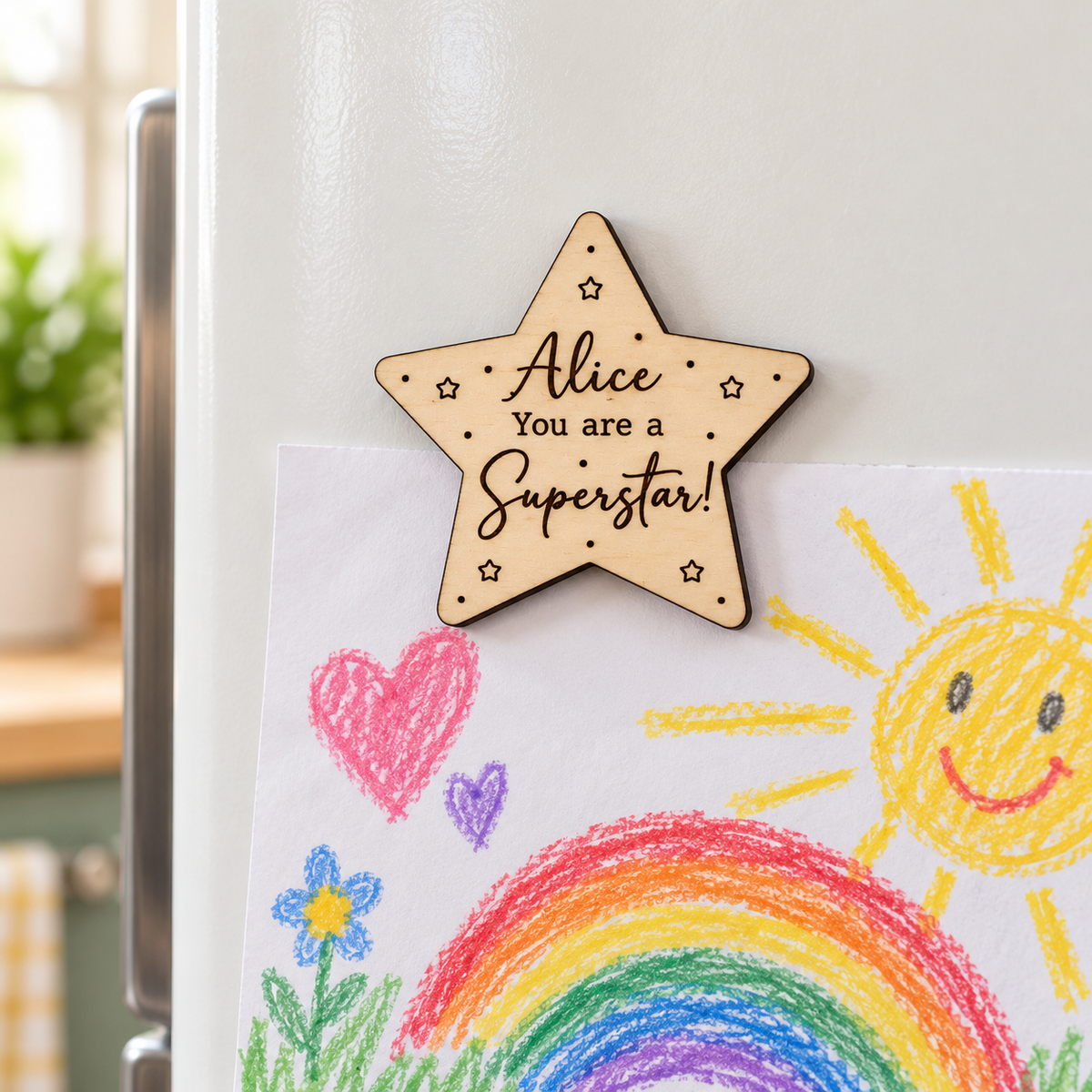 Alice Superstar wooden fridge magnet holding a child's colourful drawing.