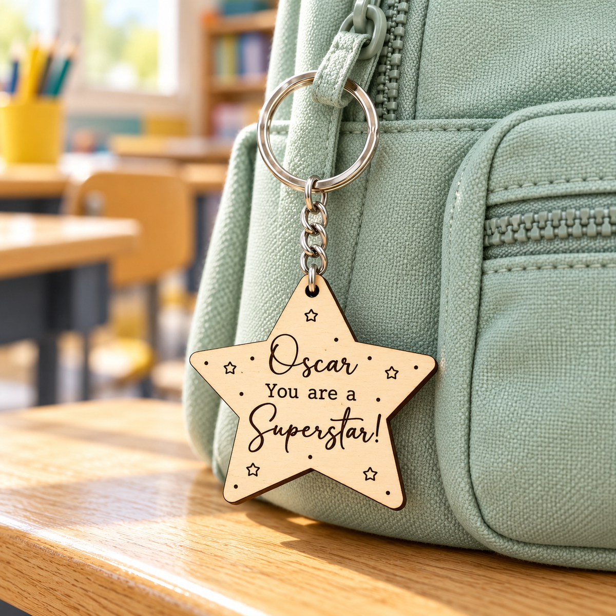 Oscar personalised wooden star keyring attached to a mint school backpack.