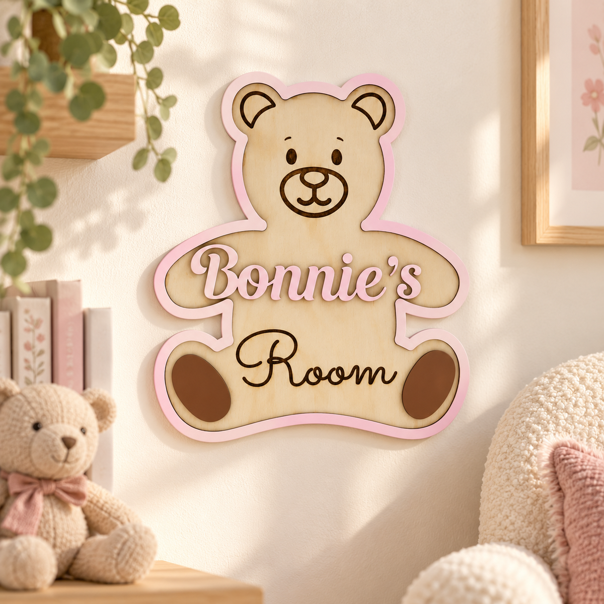 Pastel pink Open Hands Bear wooden name plaque reading Bonnie’s Room on a children’s bedroom wall.