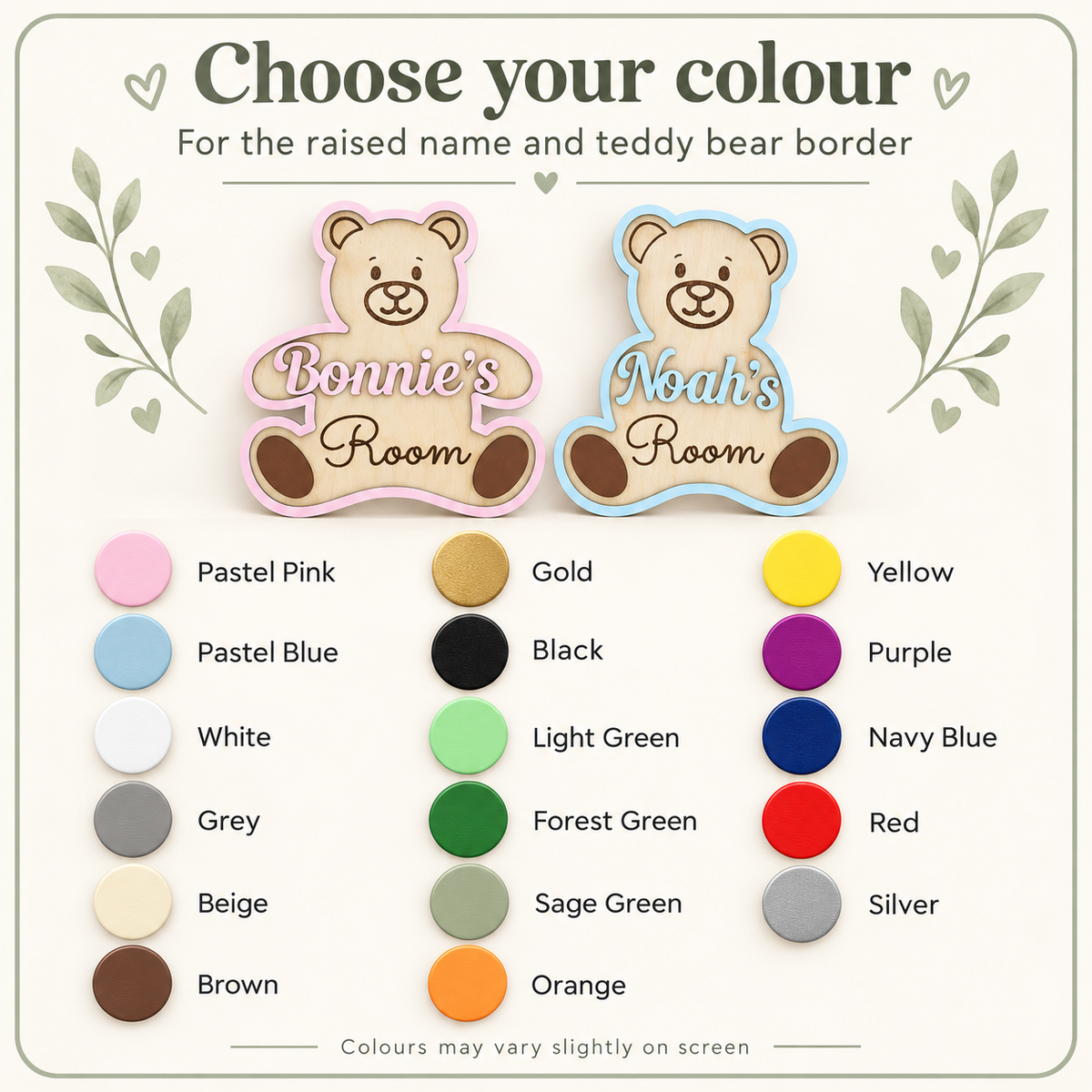 All 17 paint colours for the teddy bear border and raised name, including pastel pink, pastel blue and sage green.