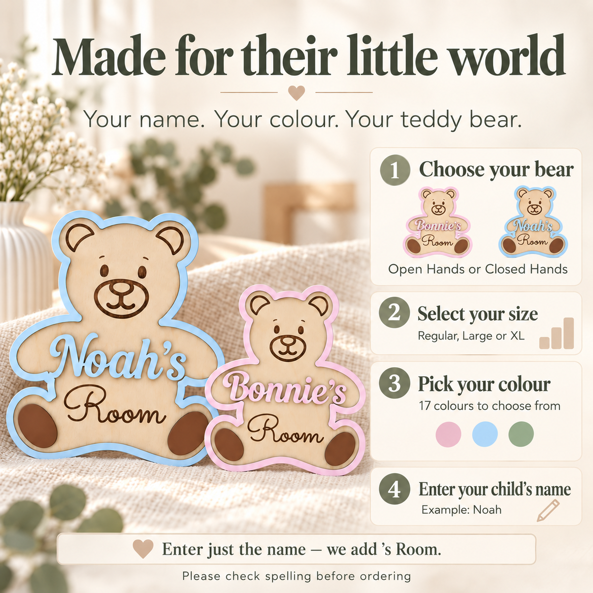 Personalisation guide: choose teddy bear design, size and colour, then enter the child’s name for the standard Room sign.
