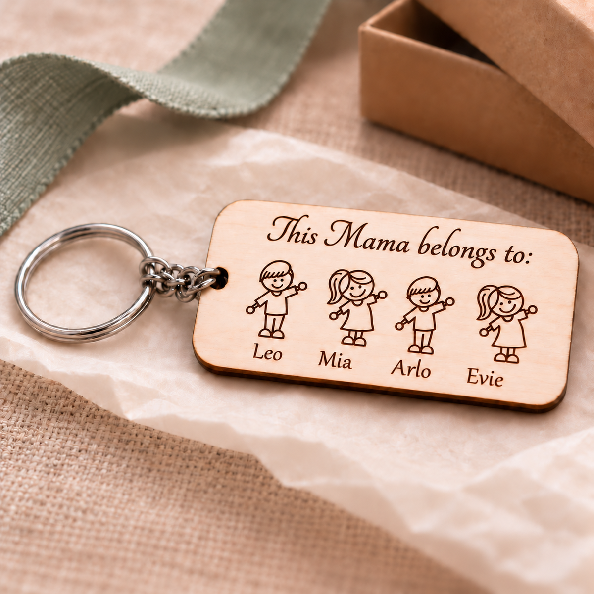Personalised This Mama Belongs To wooden keyring with Leo, Mia, Arlo and Evie in a gift setting