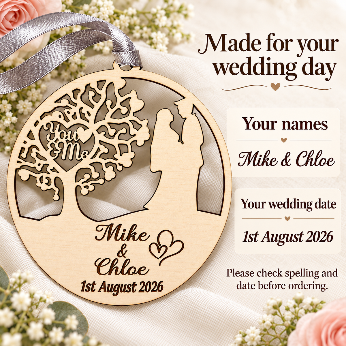 Personalisation example for the wooden wedding and anniversary ornament: Mike and Chloe with the engraved date 1st August 2026.