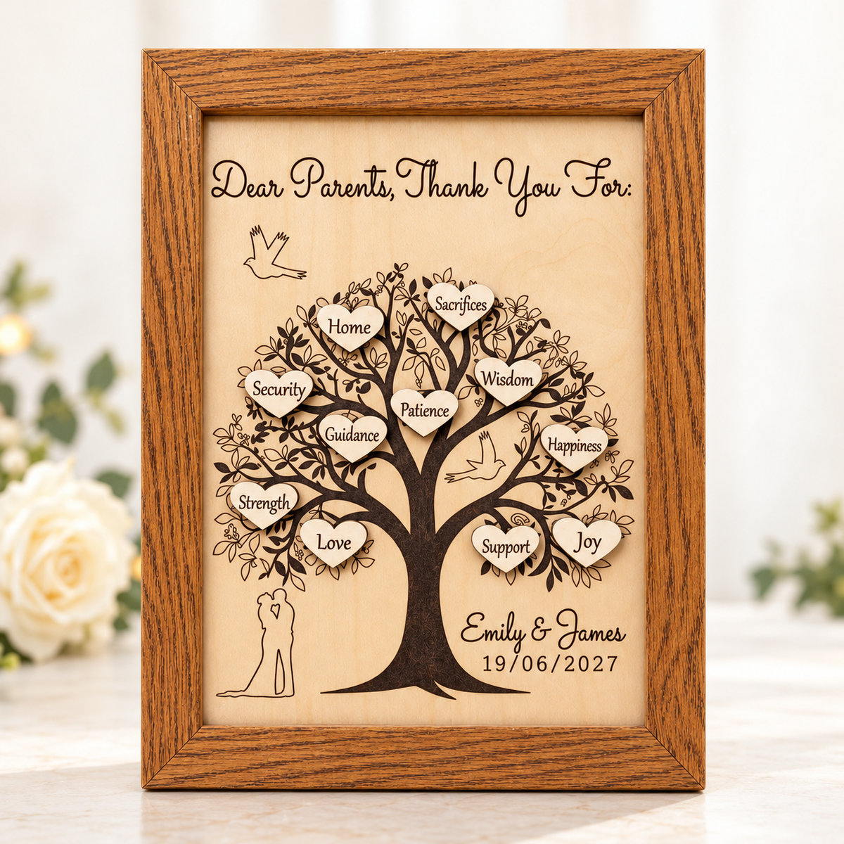 Wedding gift for Mum and Dad showing the wooden thank you tree, eleven raised hearts, names and wedding date.