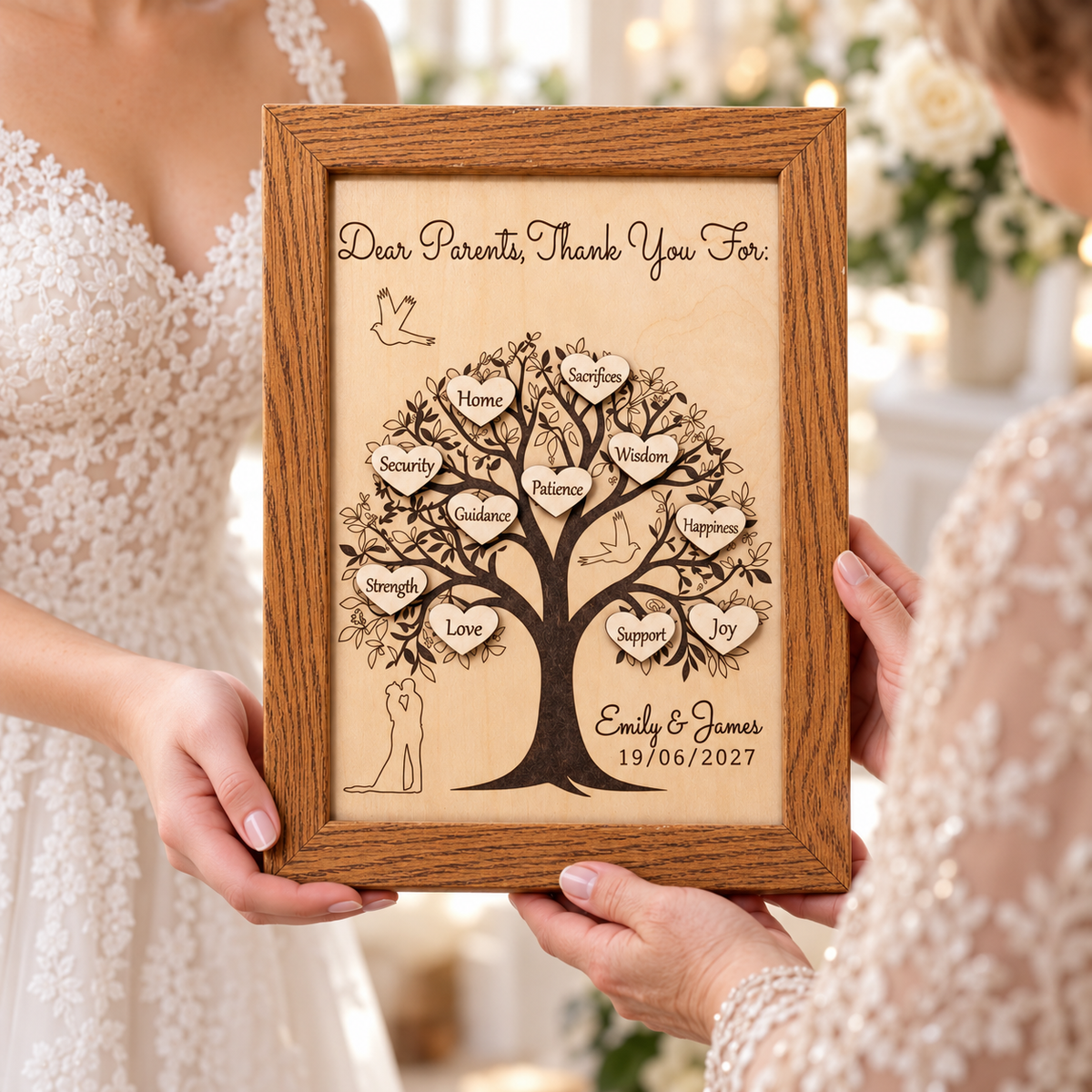 A bride presenting a personalised wooden wedding thank you gift to her mother.