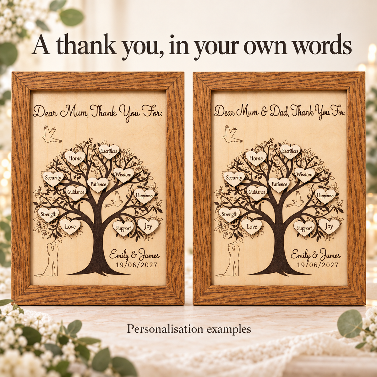 Personalised Mother of the Bride or Groom gift examples with Dear Mum and Dear Mum & Dad headings.