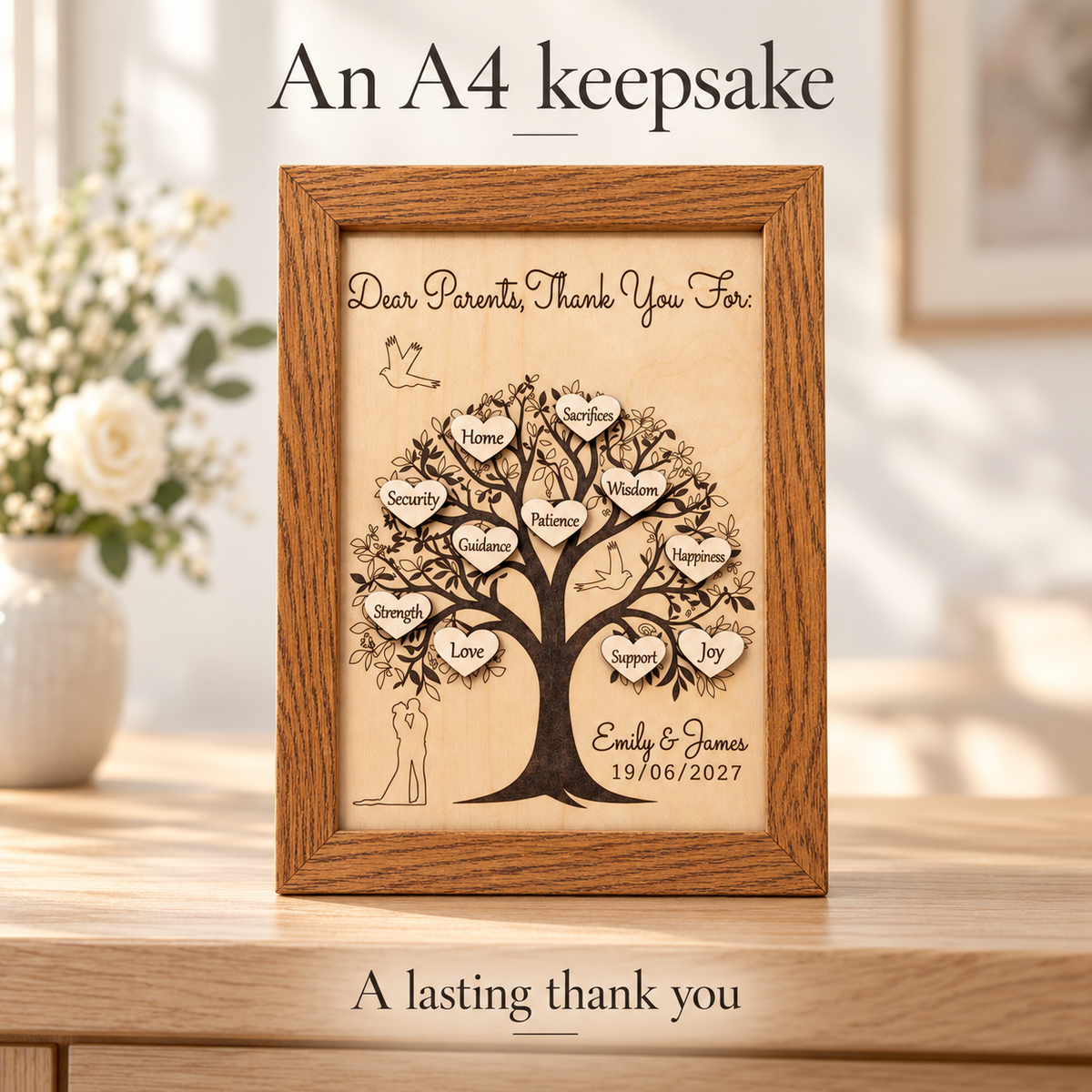 A4 wooden wedding thank you keepsake displayed in a frame on a console table.