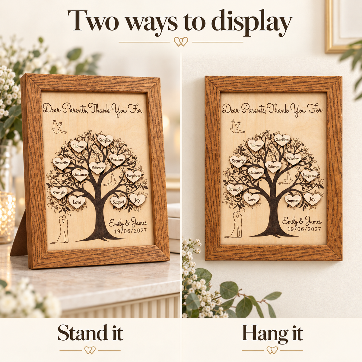 Two ways to display the framed wedding gift for parents: standing on a surface or hanging on a wall.