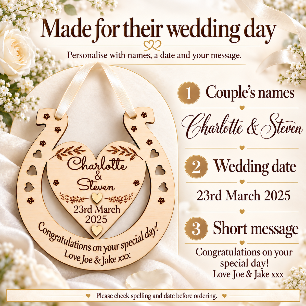 Wedding horseshoe personalisation guide showing the couple's names, wedding date and short message with examples