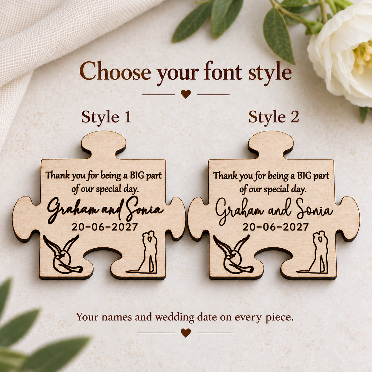 Font style 1 and font style 2 shown side by side on personalised wooden puzzle wedding magnets.