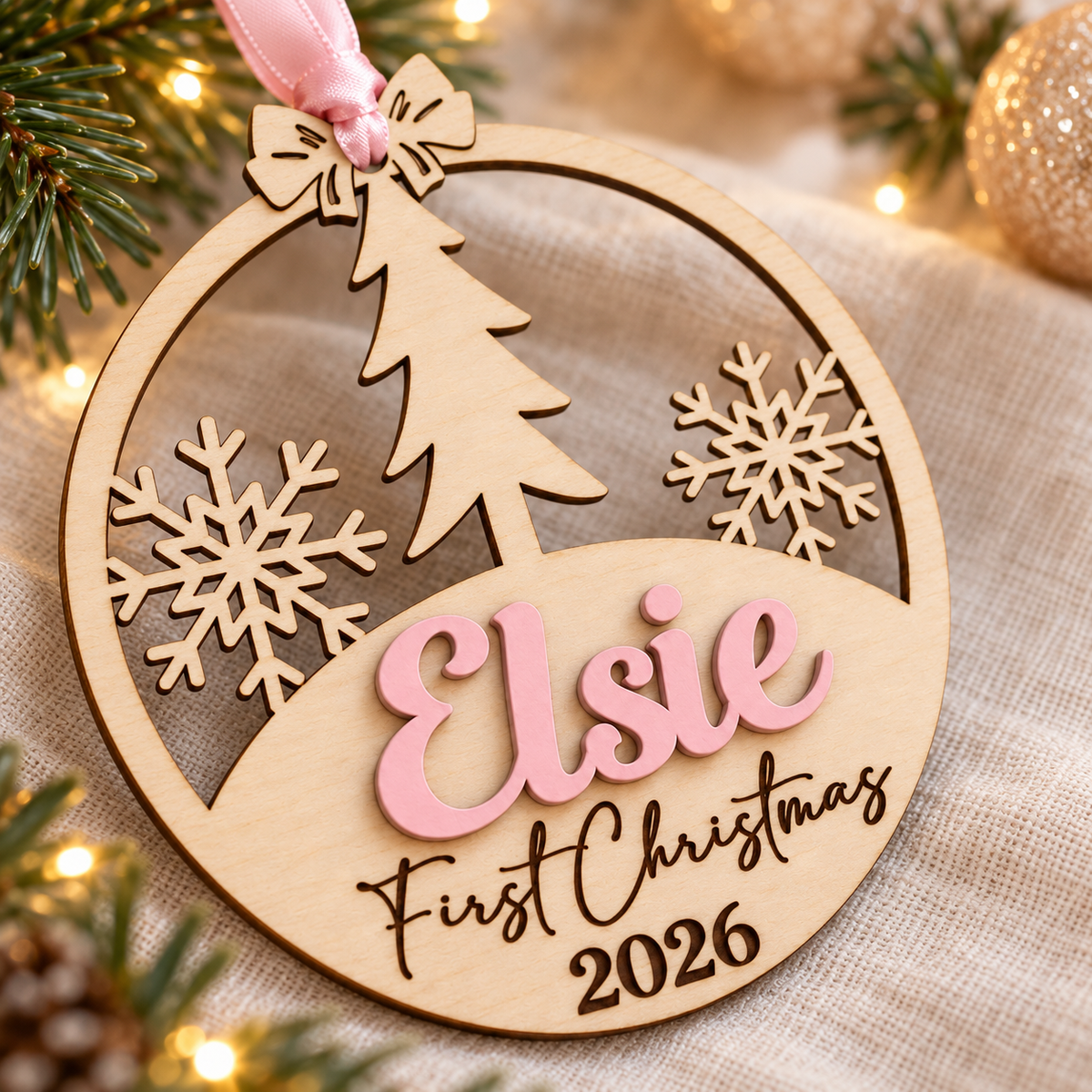 Close-up of the raised pastel pink baby name and dark laser engraved First Christmas wording on natural birch plywood