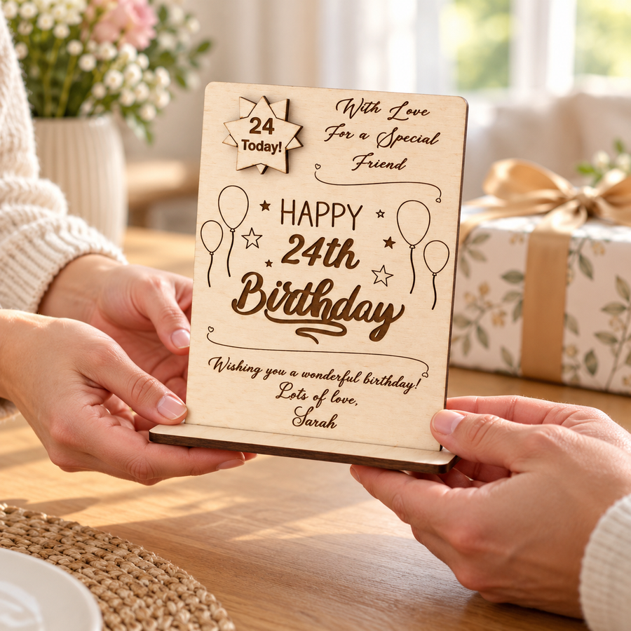 Wooden birthday card being handed over as a personalised gift for a friend