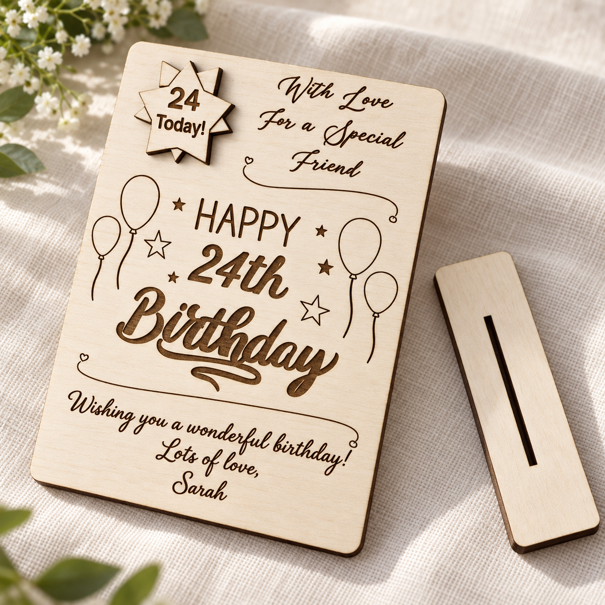 Wooden birthday card and its separate matching slotted display stand