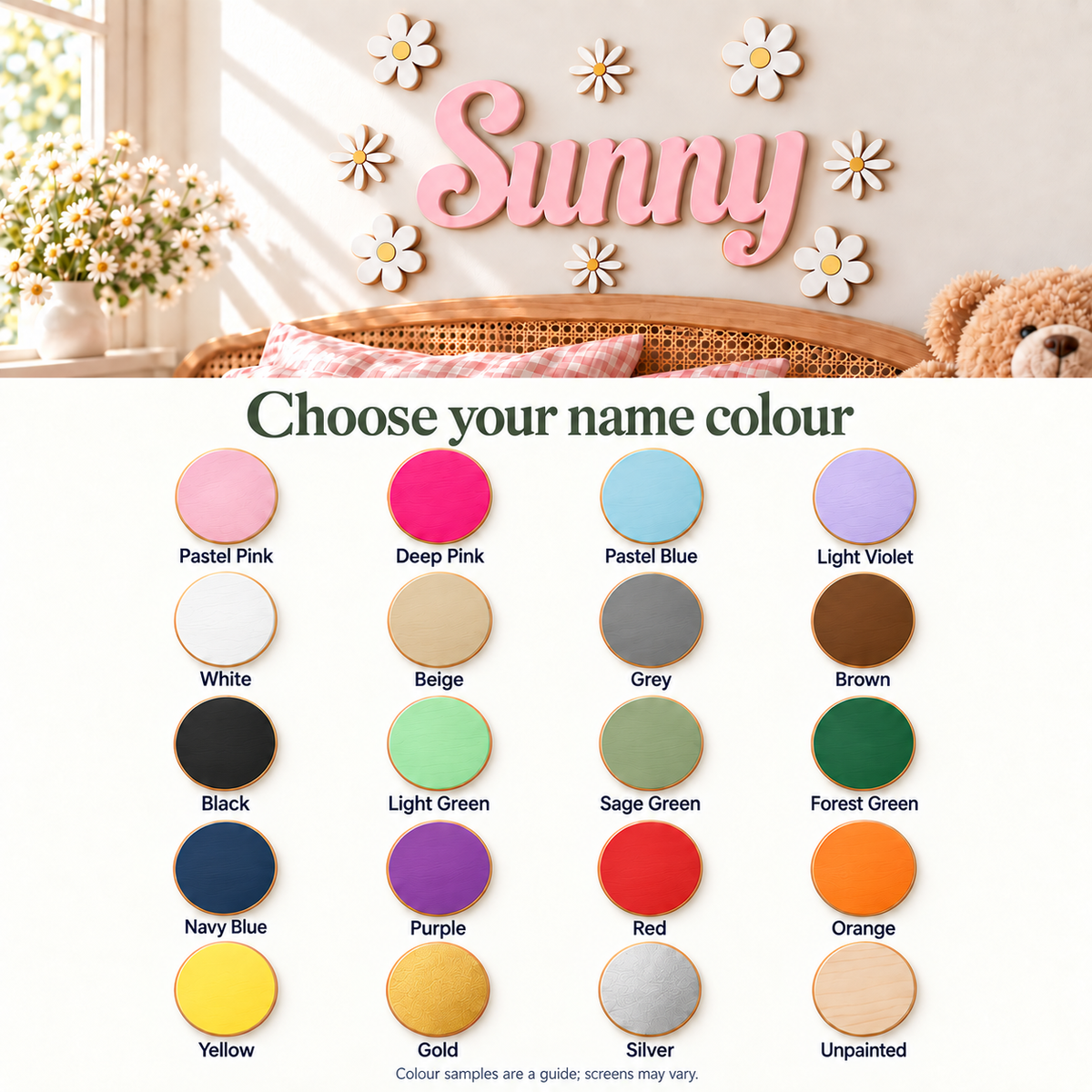 Twenty name colour options for the wooden flower wall sign, including Light Violet, Deep Pink, pastel colours and natural unpainted wood