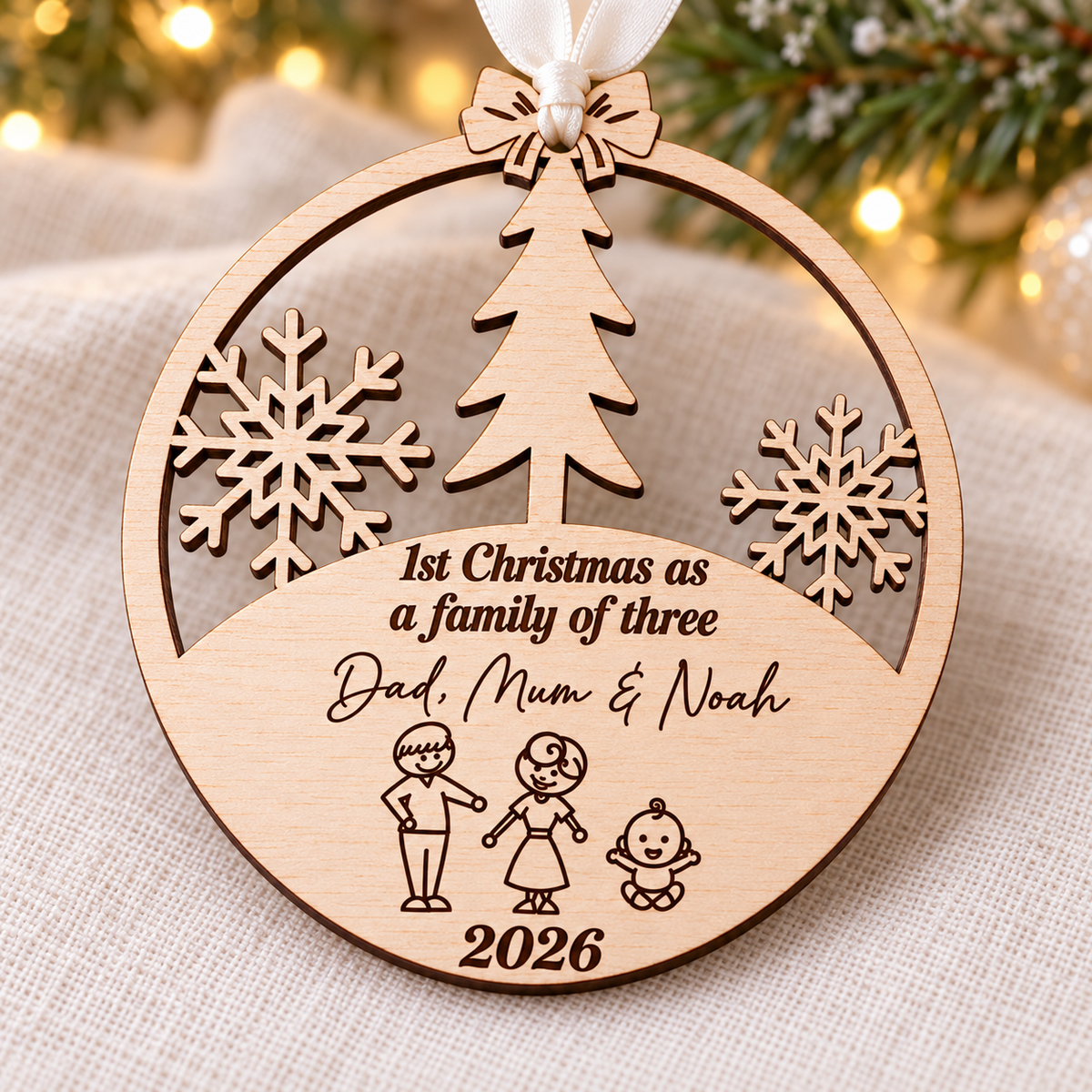 Close-up of the engraved family characters, names and 2026 year on a natural wooden Christmas bauble