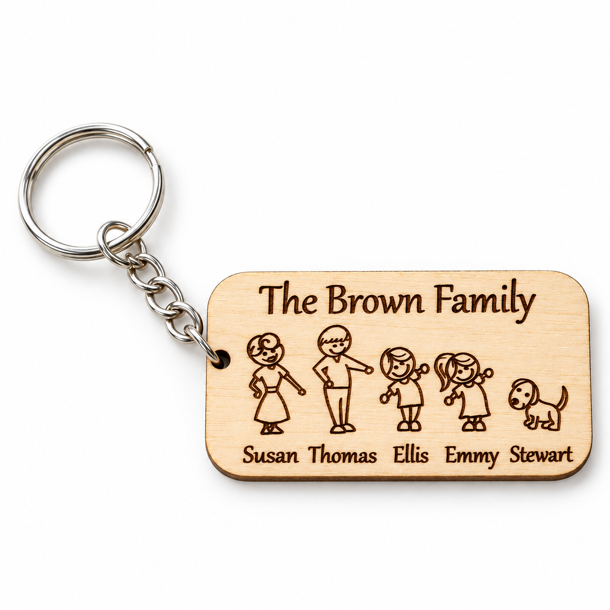 Natural wooden family portrait keyring with five engraved characters and names on a white background