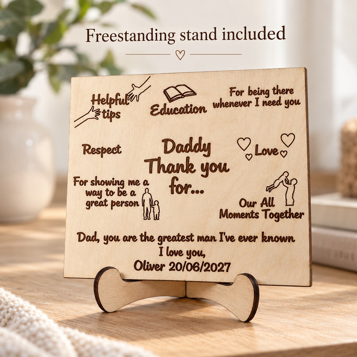 Engraved wooden Father's Day card with the included freestanding curved display stand