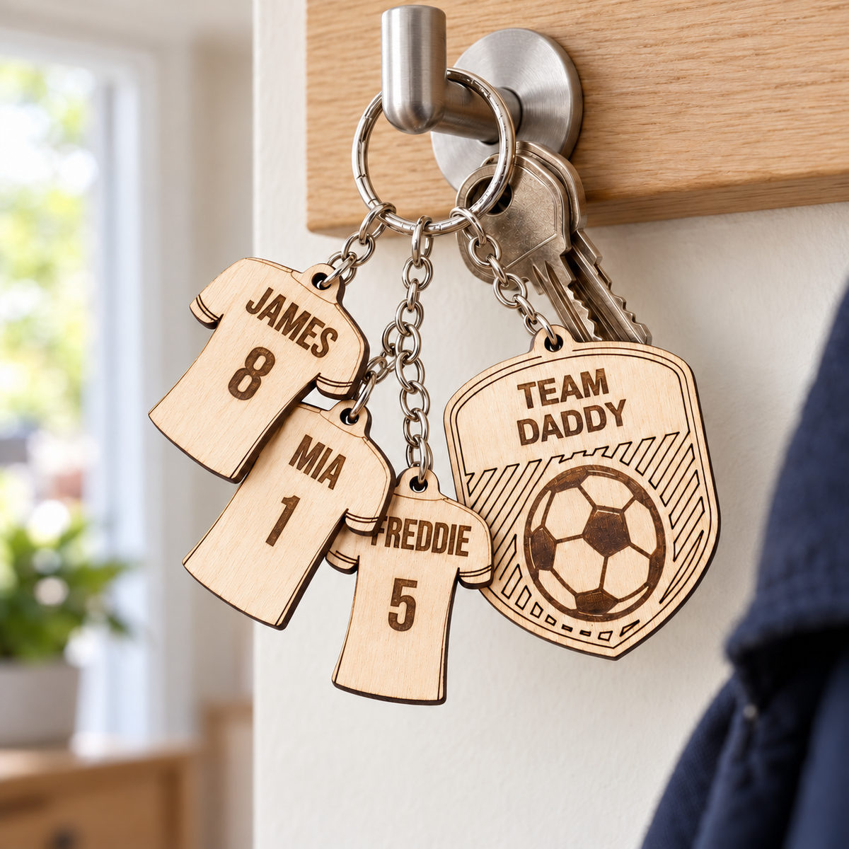 Personalised wooden football keyring hanging on a key hook with three football shirt charms