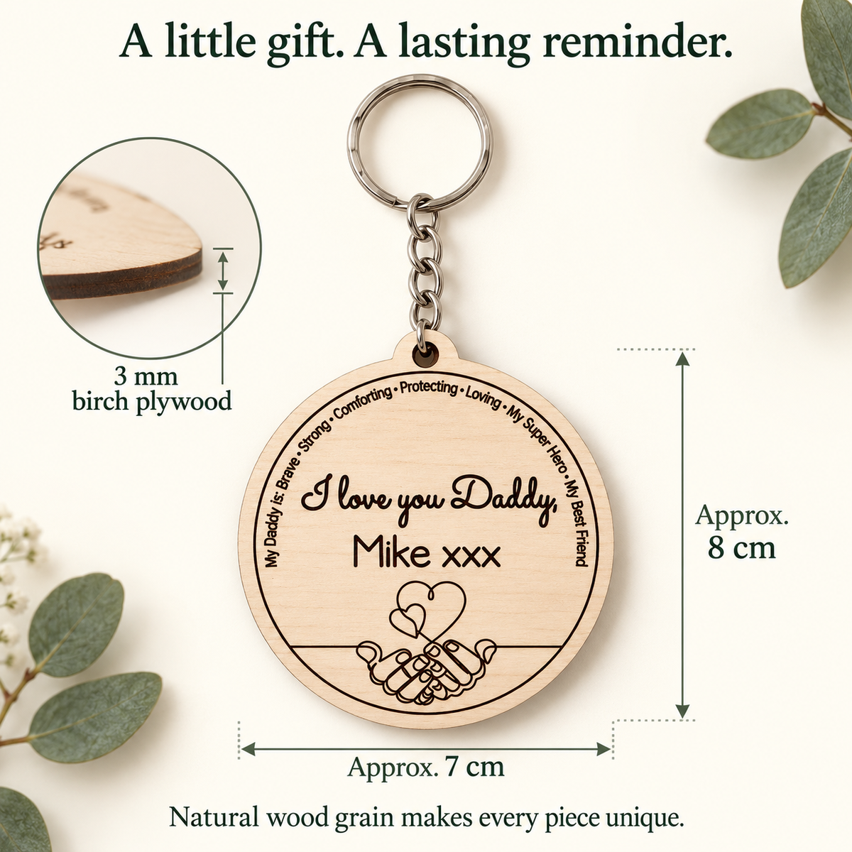 Wooden Daddy keyring size guide: approximately 7 cm wide by 8 cm high for the wooden part, made from 3 mm birch plywood