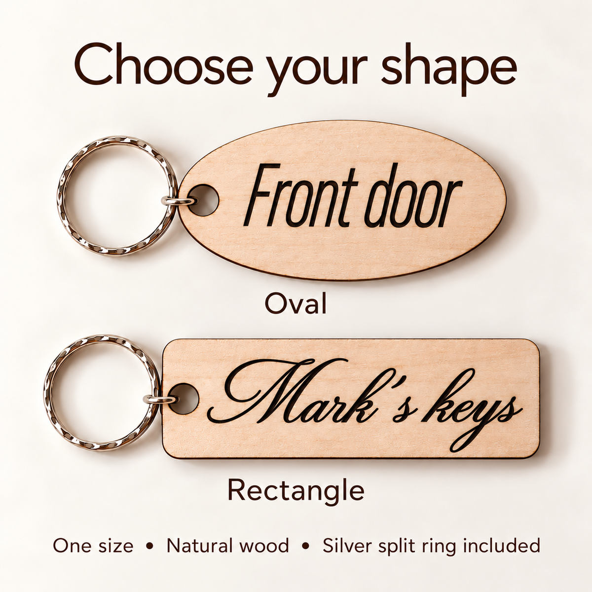 The two wooden keyring shapes: oval and rectangle, both offered in the larger size.