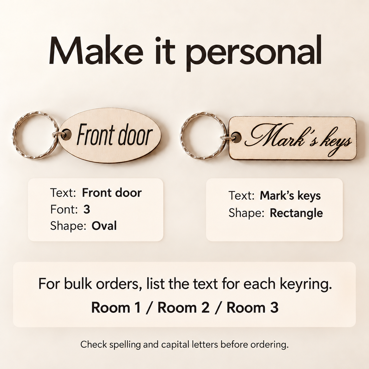 How to personalise a wooden keyring: choose your text, numbered font and shape; bulk orders can use different room labels.
