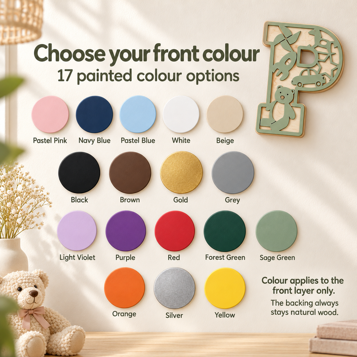 17 painted front colour options for personalised wooden name letters; every rear layer stays natural birch wood