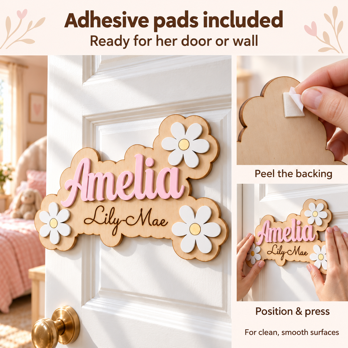 Adhesive pads included with the wooden name plaque, with photos showing peeling the backing and pressing onto a smooth door.